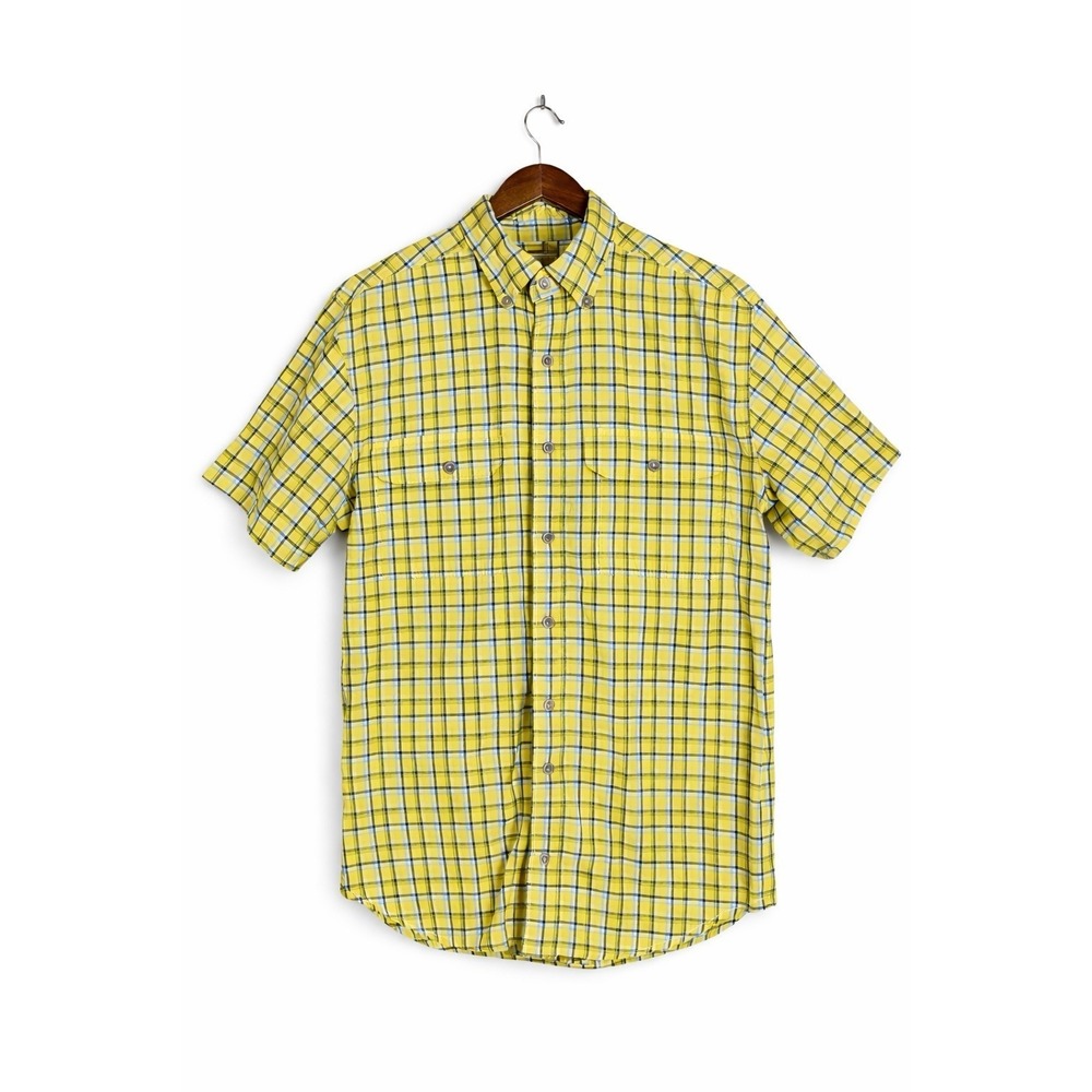 Carhartt Shirt Men's Medium Yellow Blue Plaid Short Sleeve Button Up Work